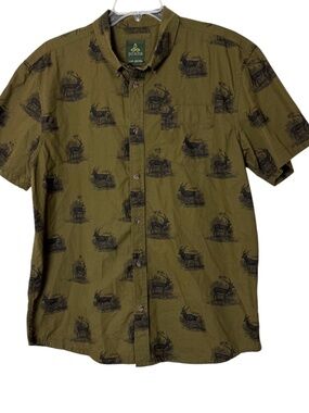 prAna Broderick S/S Button Front Shirt Men XL Green AOP Antelope Hiking Outdoors